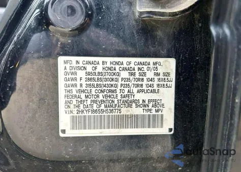 2005 Honda Pilot Exl из США, поврежденный, VIN 2HKYF18655H536775